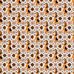 A graphic pattern that repeats continuously using the image of a Beagle dog sitting with its tongue sticking out cutely as the main element. The background is inserted with orange-brown geometric pat
