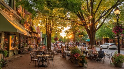 People dining outdoors at a charming, tree-lined street caf&eacute; during sunset with warm lighting and vibrant flowers