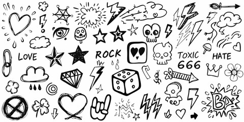 Collection of hand drawn black and white doodle icons representing love hate rock and roll and danger