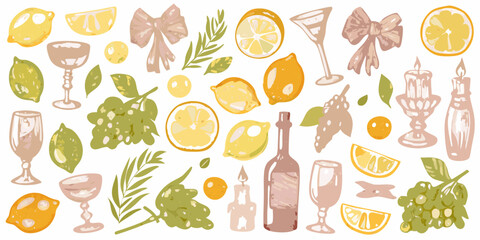 A charming collection of hand drawn elements featuring lemons grapes wine glasses bows and candles for a festive celebration