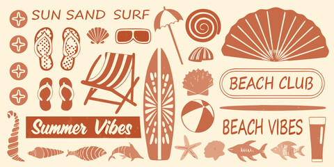 Retro summer beach vibes collection with sun sand surf and beach club elements