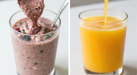 Refreshing Smoothie and Orange Juice in Glasses, Healthy Breakfast Drinks