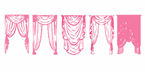 Collection of five different pink draped curtains and swags in a hand drawn sketch style