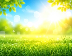 Sunny idyllic landscape with vibrant grass and bokeh lights, set against a backdrop of lush trees and a serene blue sky