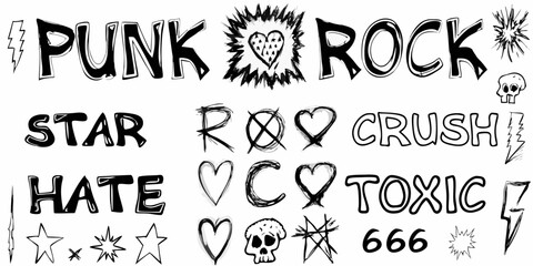 Hand drawn punk rock lettering and symbols with lightning bolts skulls hearts and stars