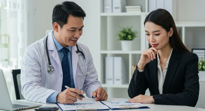 Doctor and businesswoman collaborating on financial strategy for clinic growth