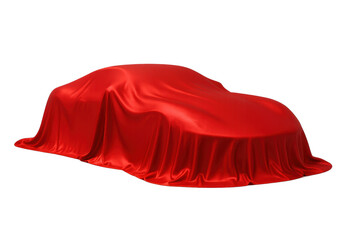 Sports car covered with red silk cloth on transparent background