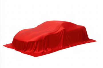 Red cloth hiding a new car presentation on a transparent background