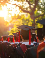 Graduation line wearing academic dress and mortarboards, with a vibrant sunset backdrop, creating a sense of accomplishment and future