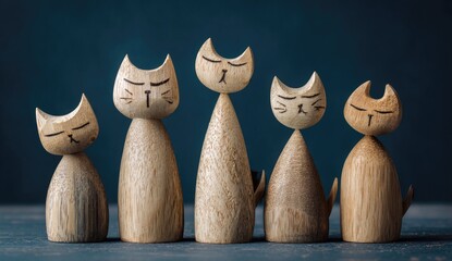 Five charming wooden cat figurines displayed in a row on a dark background.