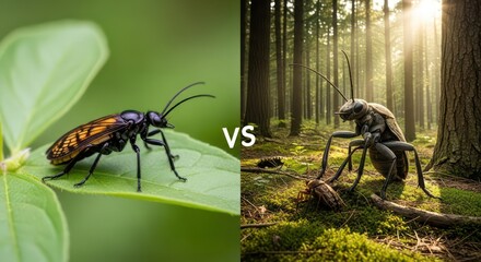 Insect Battle: Detailed Macro Shot of Bugs in Forest and Leafy Environment