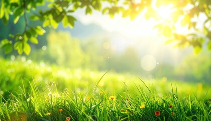Sun-drenched meadow with lush green grass, wildflowers, and gentle sunlight filtering through leaves on a bright sunny day