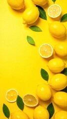 Bright yellow backdrop with whole and halved lemons, interspersed with small green leaves, vertically oriented, creating fresh summery vibe