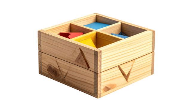 Wooden box with colorful geometric shapes - Powered by Adobe