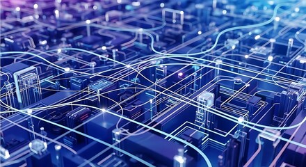 Intricate electronic circuit board with glowing pathways illustrating the complex flow of digital data in a futuristic technological system