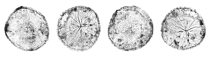 Set of tree trunks. Tree trunk cross-section with wood grain and growth rings. Natural woodcut texture in black and white. © Mariia