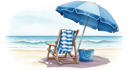 Obraz premium Beach scene with umbrella and chair illustration