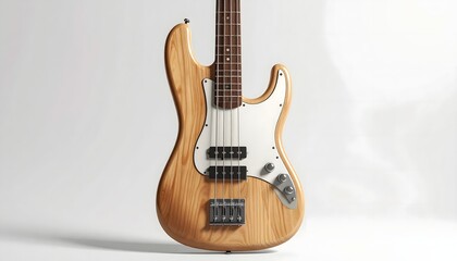 Obraz premium Modern electric bass guitar with natural wood grain finish and white pickguard, musical instrument for performance or studio