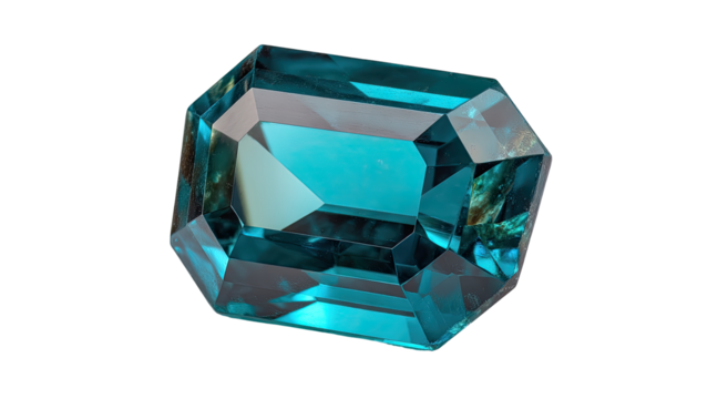 Close-up of a vibrant teal emerald-cut gemstone.  High-quality image showcasing facets and reflections