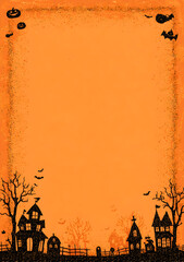 Spooky haunted houses and graveyard sit beneath bats and pumpkins against an orange sky on a halloween night creating a festive and eerie atmosphere.