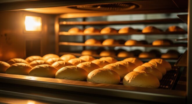Fresh bread rolls baking in a commercial oven