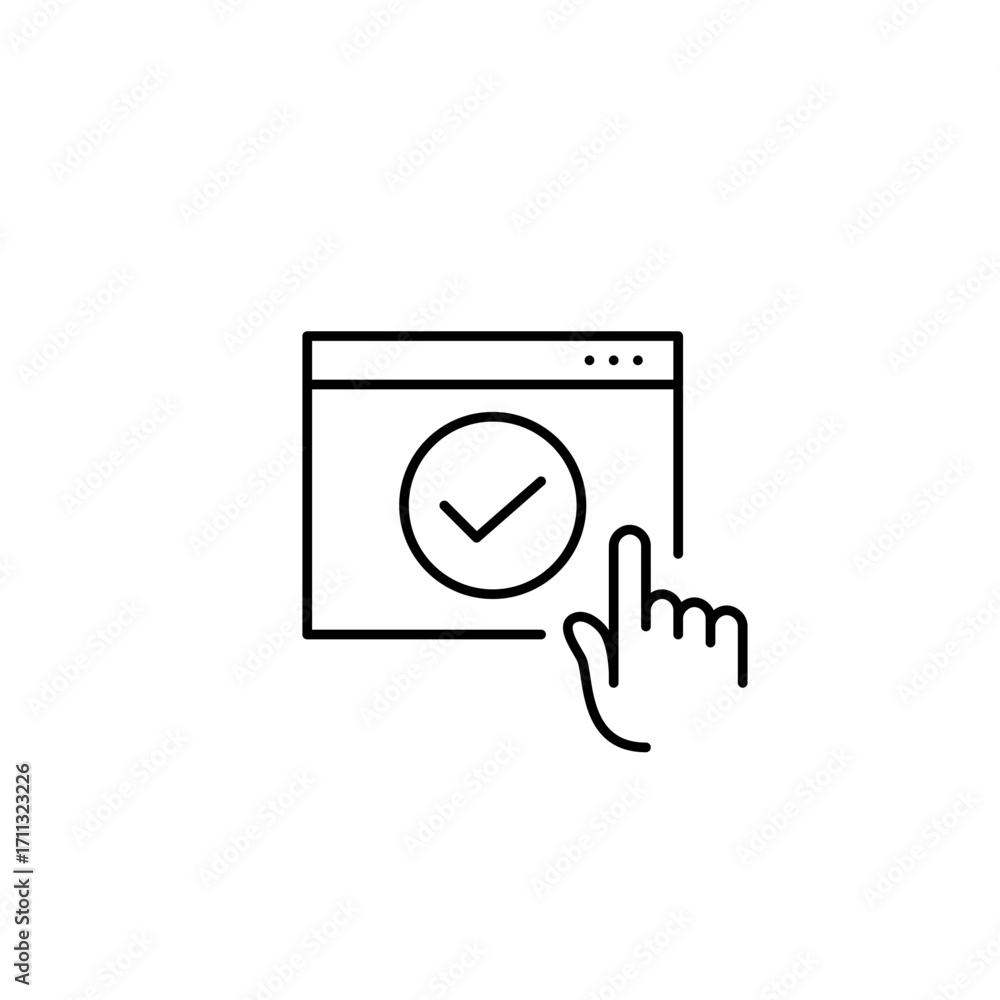 Poster checkmark on web page. approved access, identity verified, secure online data. pixel perfect, editab