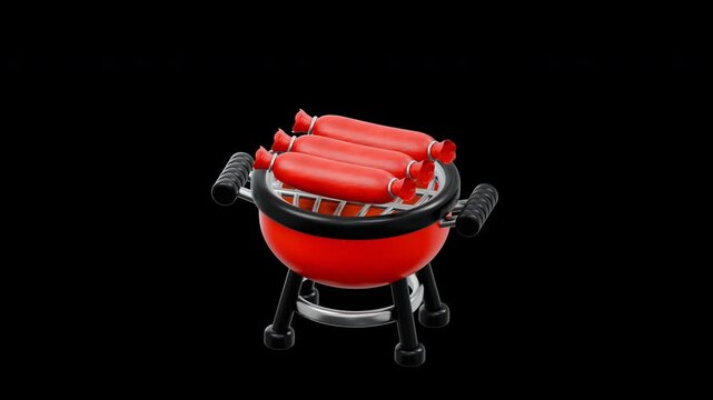 3D Cartoon Barbecue Grill Sausage Cooking Animation Transparent Background
