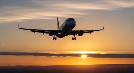 Airplane Landing at Sunset.
