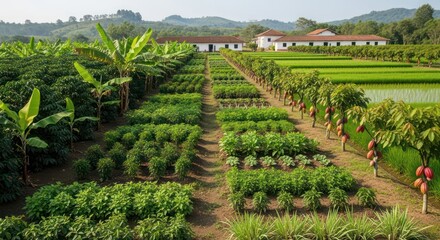 Lush Colombian Farm with Diverse Crops, Banana Trees, and Cocoa Pods in a Rural Setting