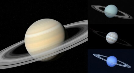 Composite view of ringed planets: Saturn, Uranus, Jupiter, and Neptune against a starry backdrop