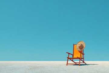 Fototapeta premium A single beach chair with a straw hat on the backrest, the sand is smooth and open, conveying a sense of summer relaxation.