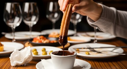 Churro Dipped in Rich Chocolate Sauce at Restaurant Table