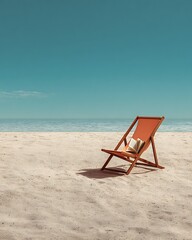 A single canvas chair with an open book on the seat, an open beach, is used for advertising a peaceful reading moment.