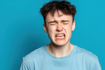 A young man in a light blue shirt grimaces with eyes shut tightly, expressing discomfort or disgust against a blue background