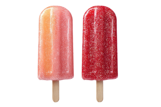 Two vibrant popsicles, one orange-pink ombre, the other a deep red with speckled texture, stand side-by-side on a dark background.  Wooden sticks extend from the top