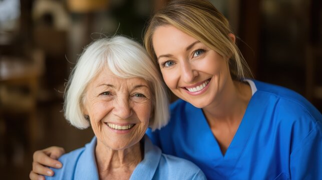 A smiling nurse embraces an elderly woman, both appearing happy and relaxed in a warm, caring environment