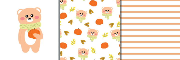 set of card, wallpaper and pattern with cartoon bear and pumpkin for autumn vibe. autumn collection pack