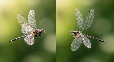 Dragonfly in Flight: Dual Perspective, Detailed Wings