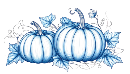 Two stylized light blue pumpkins surrounded by leaves and vines