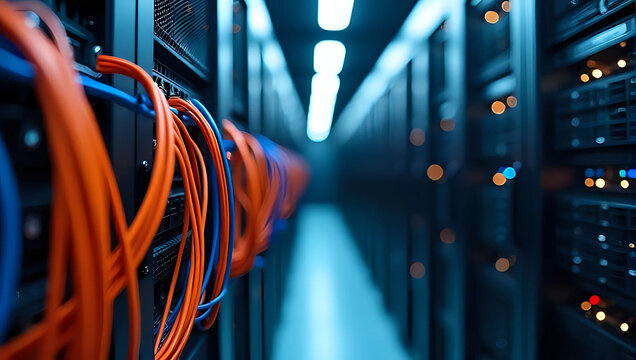 Tangled mass of orange and blue wires, connecting technology infrastructure, server room - chaos and complexity in IT network, datacenter hardware, computing systems, and communication cables