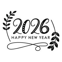 Happy New Year 2026 Typography with Gear Design in Modern Black and White Style