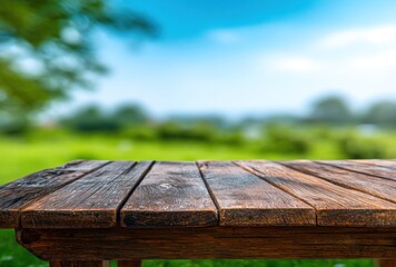 Fototapeta premium Rustic wooden table surface with a sun-drenched meadow background, blurred green trees, and blue sky overhead providing a serene outdoor setting