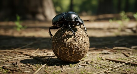 Shiny Black Beetle Perched on a Ball of Dung in Sunlight