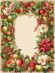 Festive floral border with apples, poinsettias, holly, and pinecones creates vibrant holiday frame. arrangement includes roses and berries, adding touch of elegance and warmth