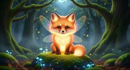 Adorable fox cub with glowing orange fur and tiny fairy wings, perched on a mossy rock in an enchanted dark forest.