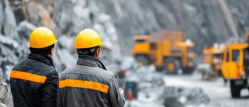Two workers in safety gear supervise a mining site with large yellow machinery and rocky terrain - Powered by Adobe