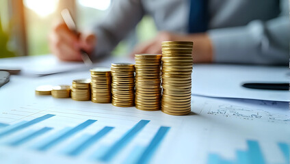 Stacks of gold coins on financial report chart, businessman background writing notes - planning investment strategy, financial freedom, independence, economic growth, wealth accumulation concept