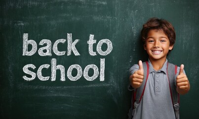 Smiling boy with backpack gives thumbs up next to 'back to school' text on green chalkboard