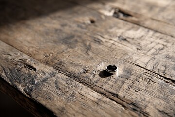 A single silver ring sits on a wooden table, symbolizing lost love or abandoned promises.