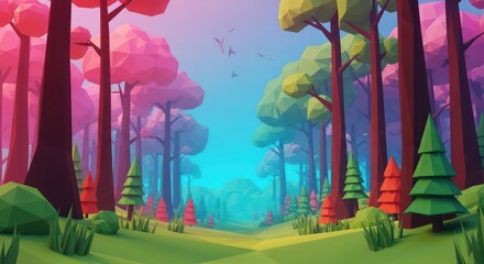 Low-Poly Forest Scene with Colorful Trees, Birds, and a Dreamy Atmosphere
